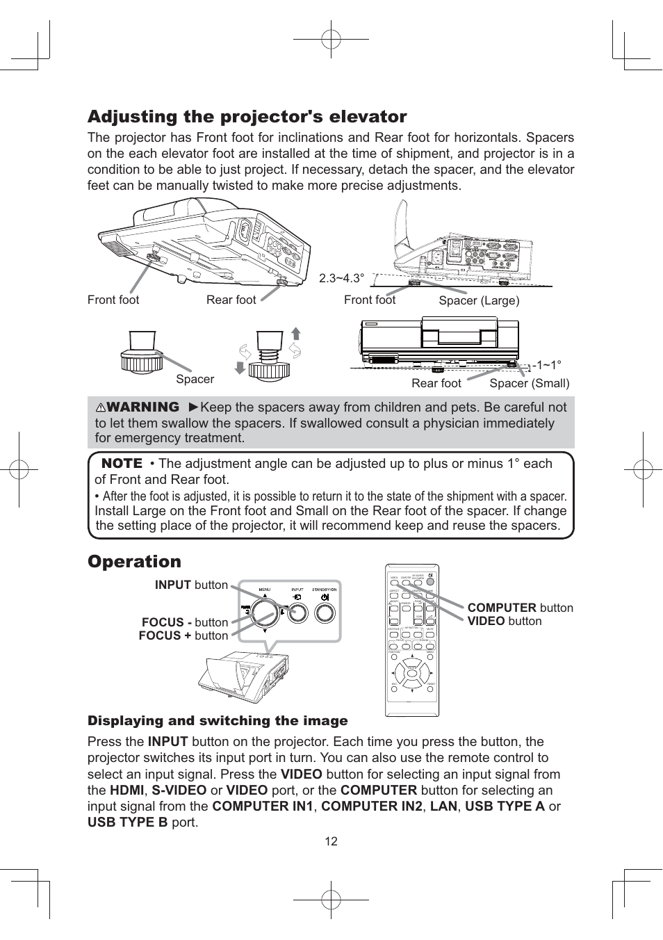 Adjusting the projector's elevator, Operation, Spacer -1~1° rear foot spacer (small) | Hitachi CP-AW252WN User Manual | Page 12 / 22