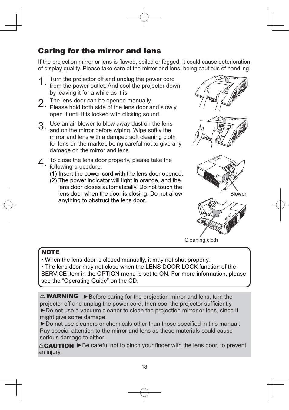 Caring for the mirror and lens | Hitachi CP-AW252WN User Manual | Page 18 / 22