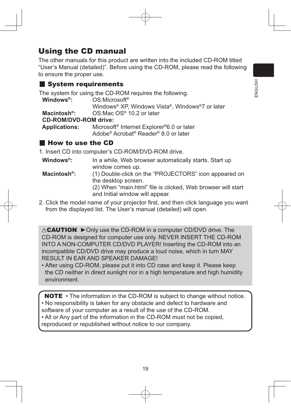Using the cd manual, System requirements, How to use the cd | Hitachi CP-AW252WN User Manual | Page 19 / 22