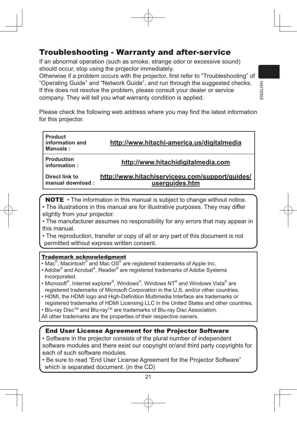 Troubleshooting - warranty and after-service | Hitachi CP-AW252WN User Manual | Page 21 / 22