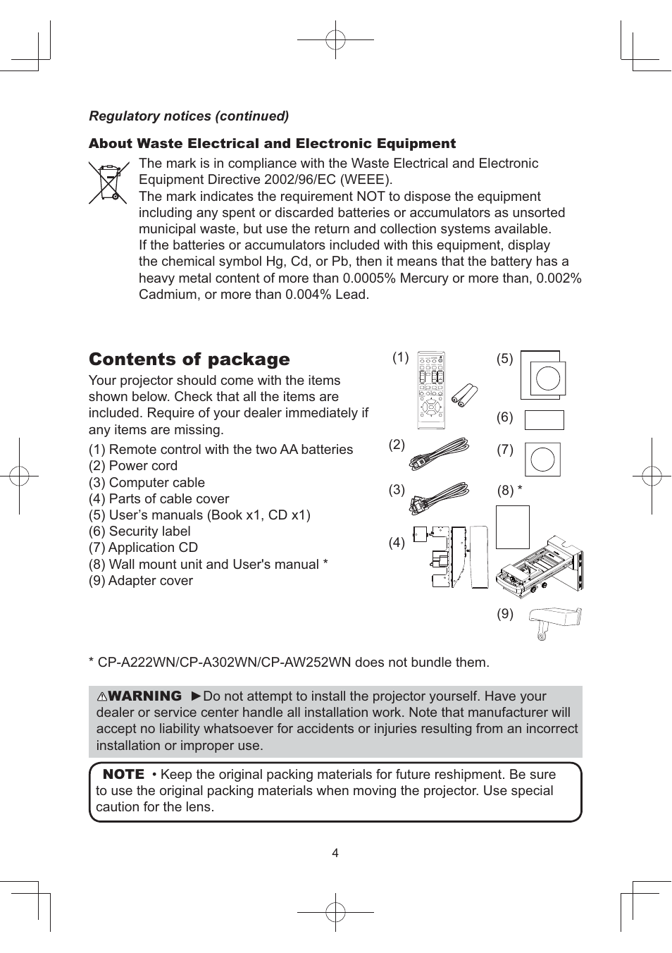 Contents of package | Hitachi CP-AW252WN User Manual | Page 4 / 22