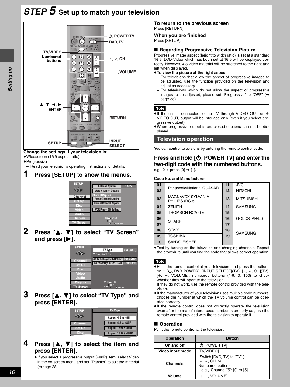Step, Set up to match your television, Press [setup] to show the menus | Television operation, Set ting up, When you are finished, Regarding progressive television picture, Operation | Hitachi DV-RX5000U User Manual | Page 10 / 62