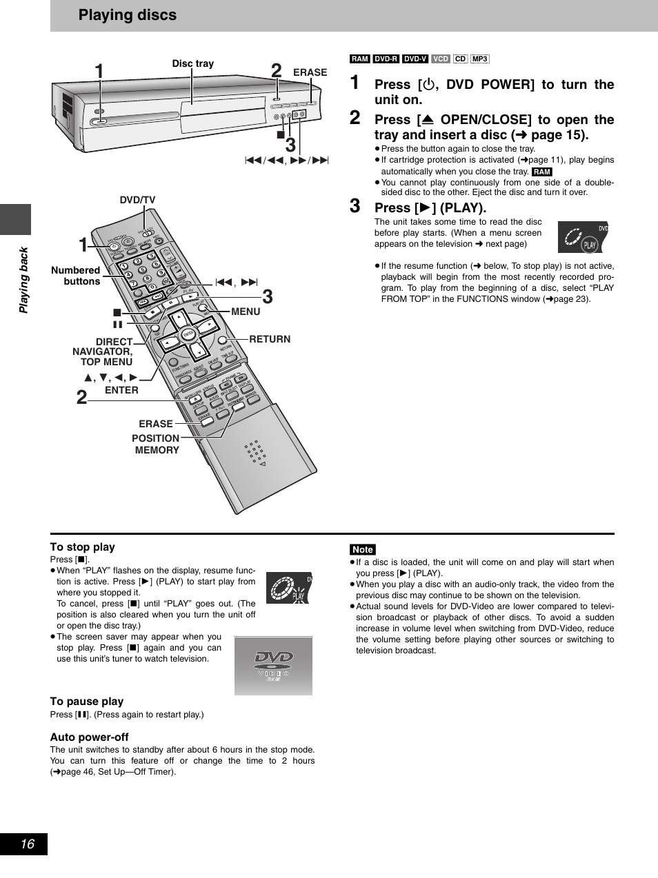Playing discs, Press [ í , dvd power] to turn the unit on, Press [ 1 ] (play) | Hitachi DV-RX5000U User Manual | Page 16 / 62