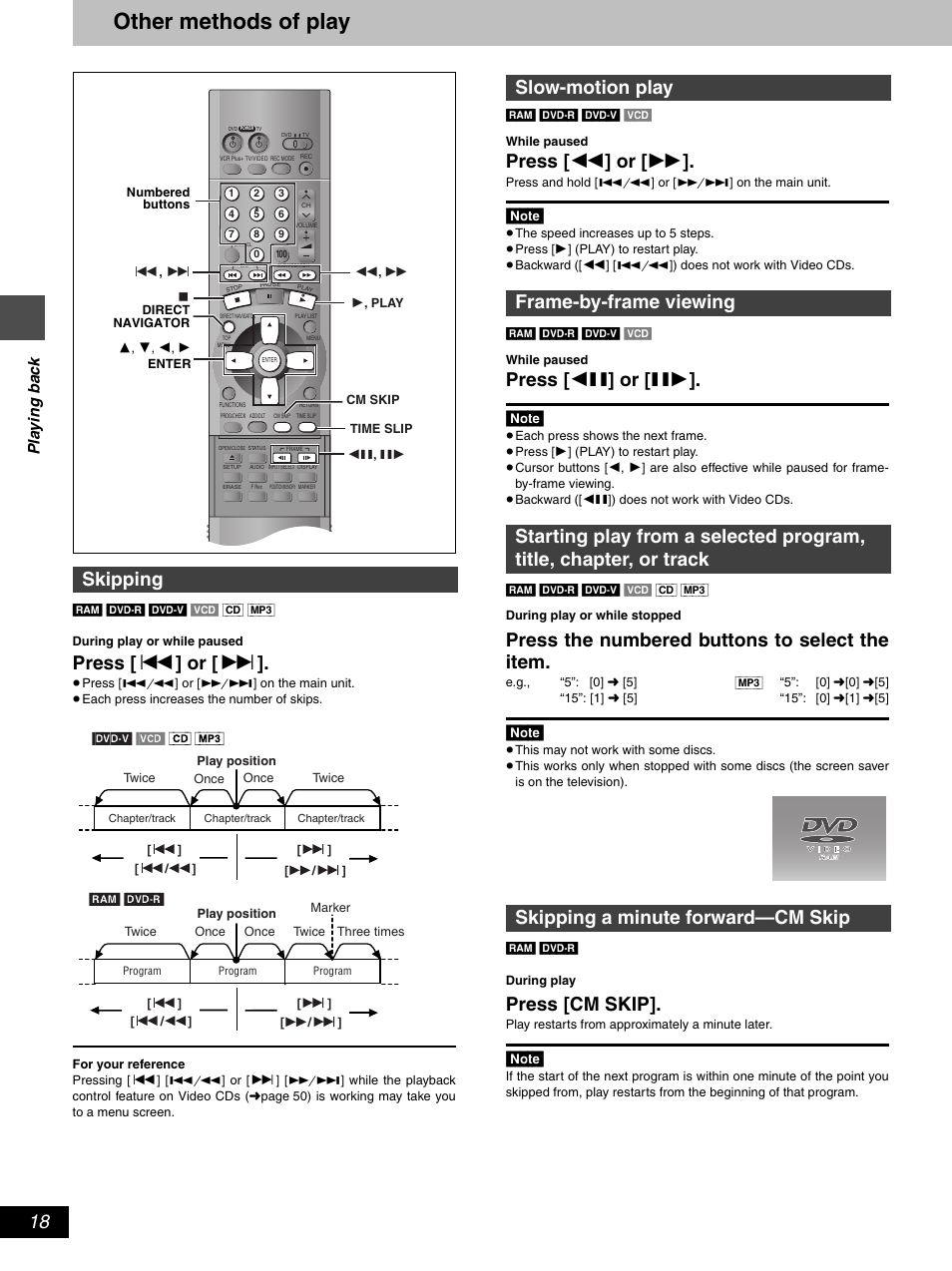 Other methods of play, Press [ : ] or [ 9, Press [ 6 ] or [ 5 | Press [ 2; ] or [ ;1, Press the numbered buttons to select the item, Press [cm skip, Skipping, Pl a y in g ba c k | Hitachi DV-RX5000U User Manual | Page 18 / 62