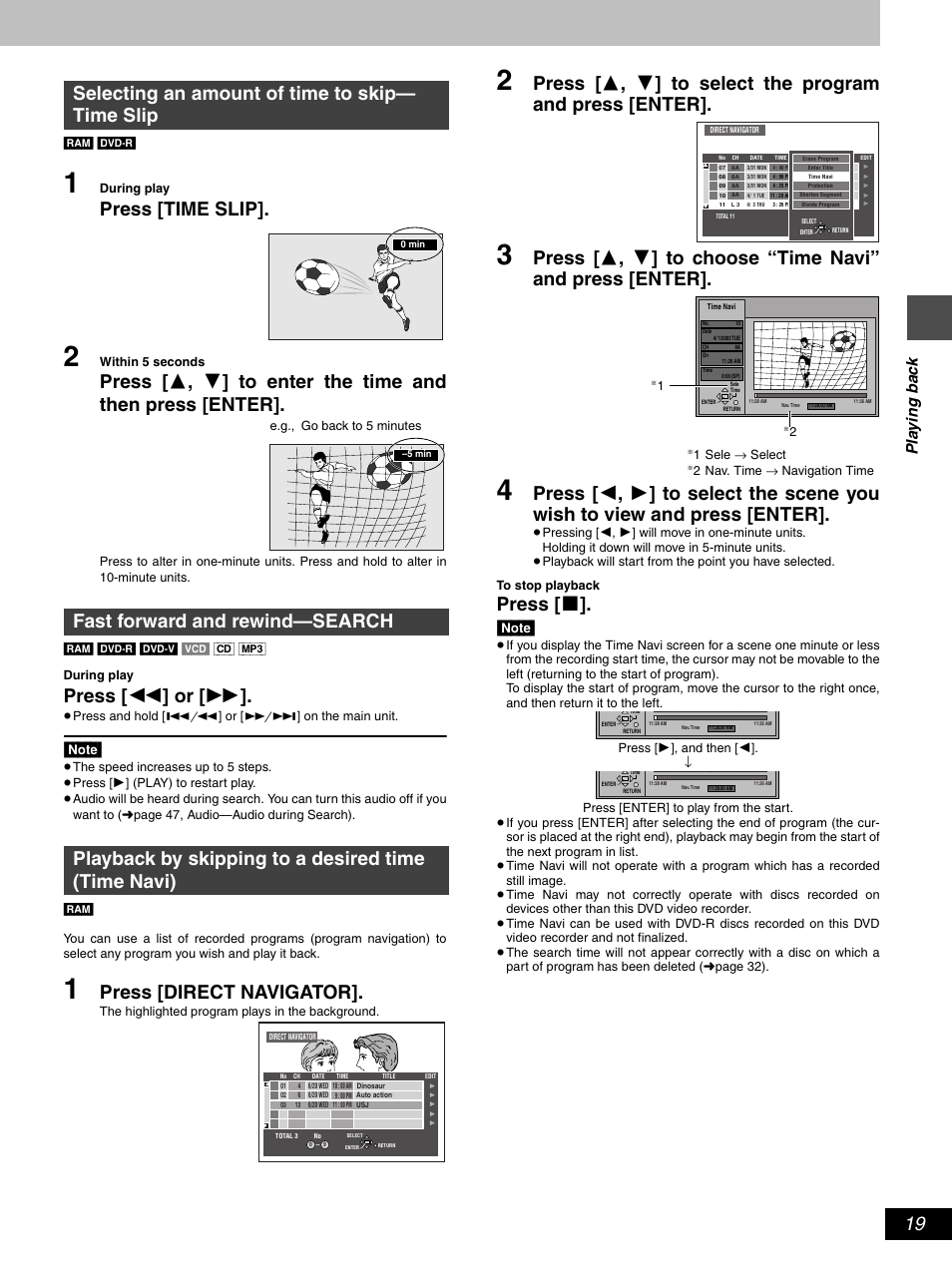 Press [time slip, Press [ 6 ] or [ 5, Press [direct navigator | Press, Pl a y in g ba c k | Hitachi DV-RX5000U User Manual | Page 19 / 62