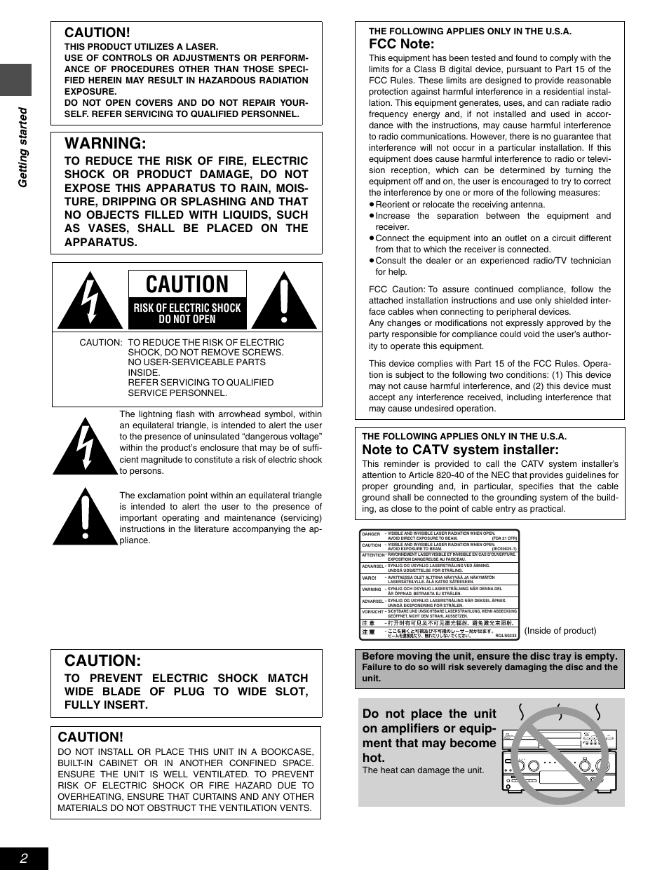 Warning, Caution, Risk of electric shock do not open | Ge tt ing st ar te d | Hitachi DV-RX5000U User Manual | Page 2 / 62