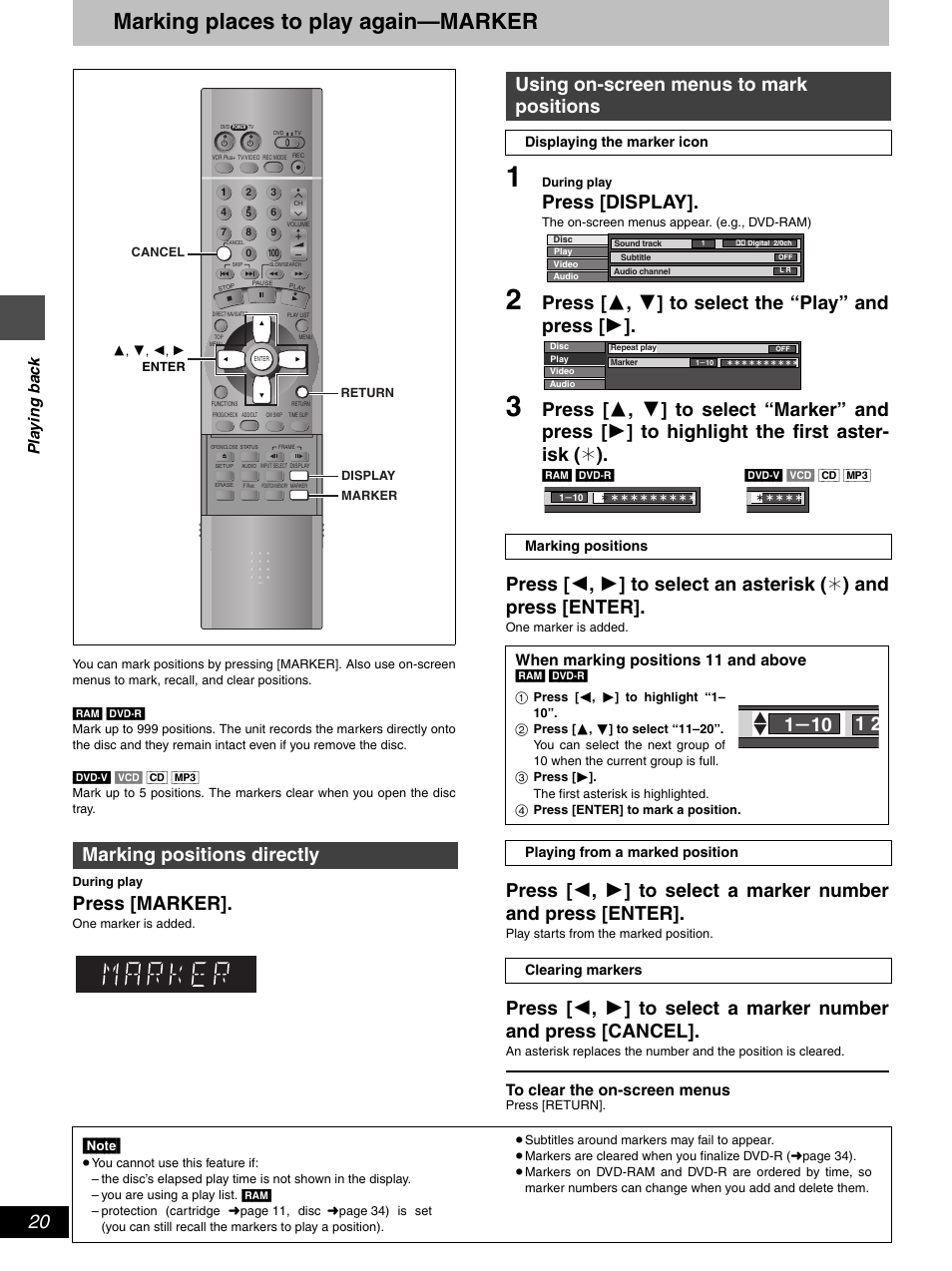 Marking places to play again—marker, Press [marker, Press [display | Press [ 3 , 4 ] to select the “play” and press [ 1, Marking positions directly, Using on-screen menus to mark positions | Hitachi DV-RX5000U User Manual | Page 20 / 62