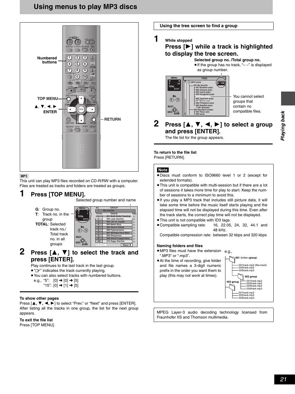 Using menus to play mp3 discs, Press [top menu, Pl a y in g ba c k | Using the tree screen to find a group | Hitachi DV-RX5000U User Manual | Page 21 / 62