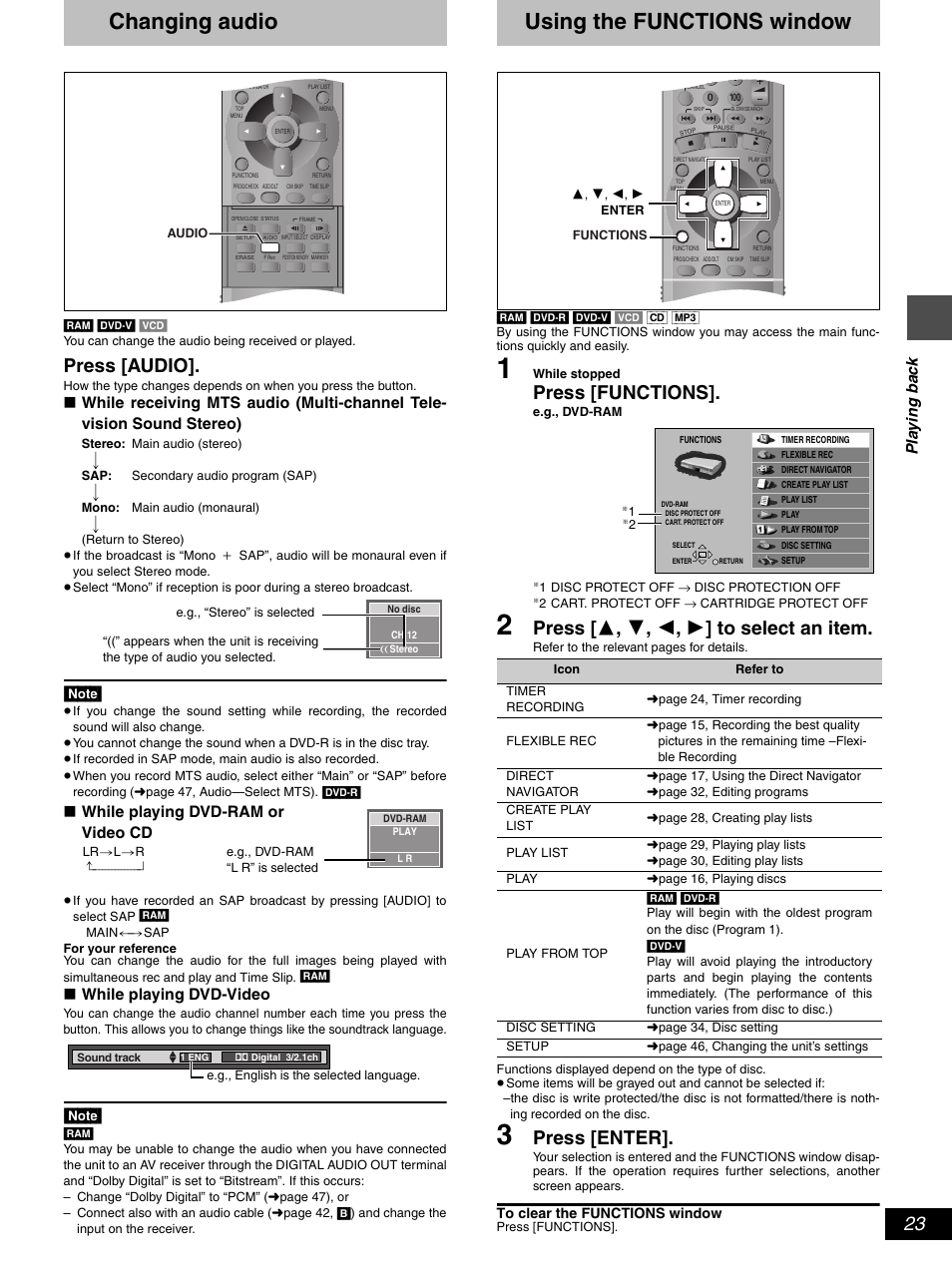 Changing audio, Using the functions window, Press [audio | Press [functions, Press [ 3 , 4 , 2 , 1 ] to select an item, Press [enter, Pl a y in g ba c k, While playing dvd-ram or video cd, While playing dvd-video | Hitachi DV-RX5000U User Manual | Page 23 / 62