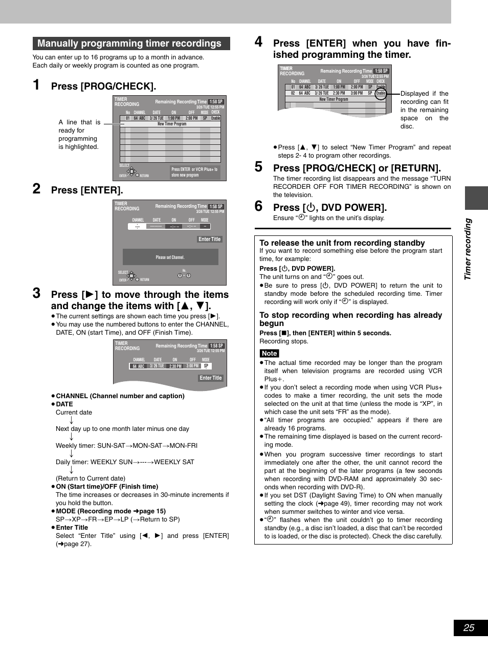 Press [prog/check, Press [enter, Press [prog/check] or [return | Press [ í , dvd power, Manually programming timer recordings, Timer recor d ing | Hitachi DV-RX5000U User Manual | Page 25 / 62