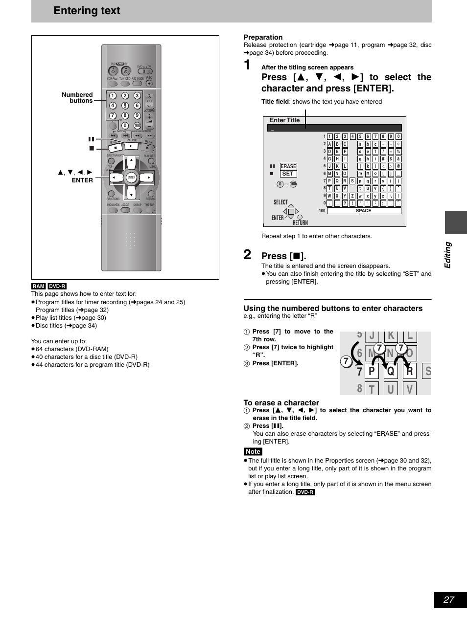 Entering text, Press, Edit ing | Using the numbered buttons to enter characters | Hitachi DV-RX5000U User Manual | Page 27 / 62