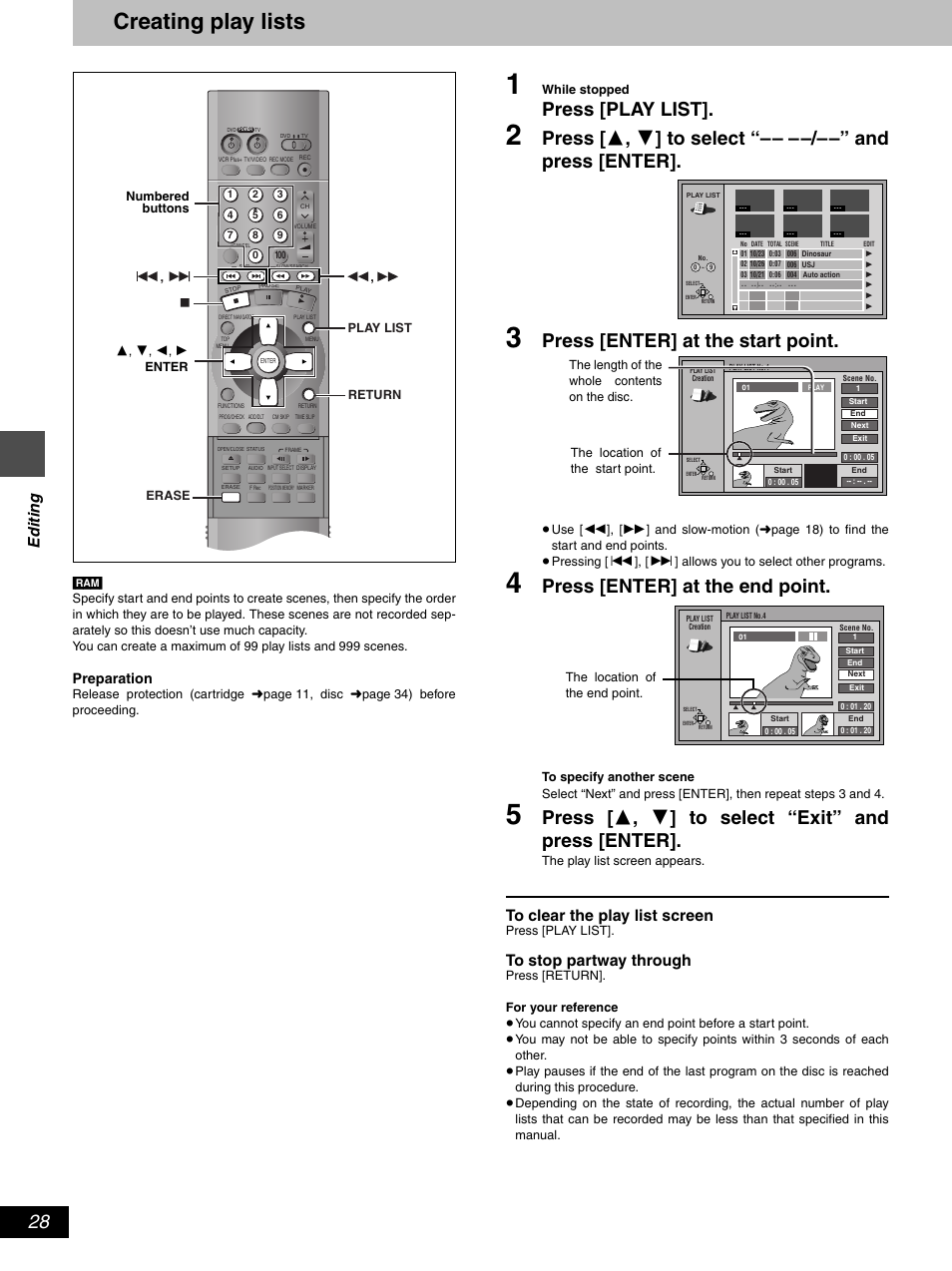 Creating play lists, Press [play list, Press [enter] at the start point | Press [enter] at the end point, Press [ 3 , 4 ] to select “exit” and press [enter, Edit ing, Preparation | Hitachi DV-RX5000U User Manual | Page 28 / 62