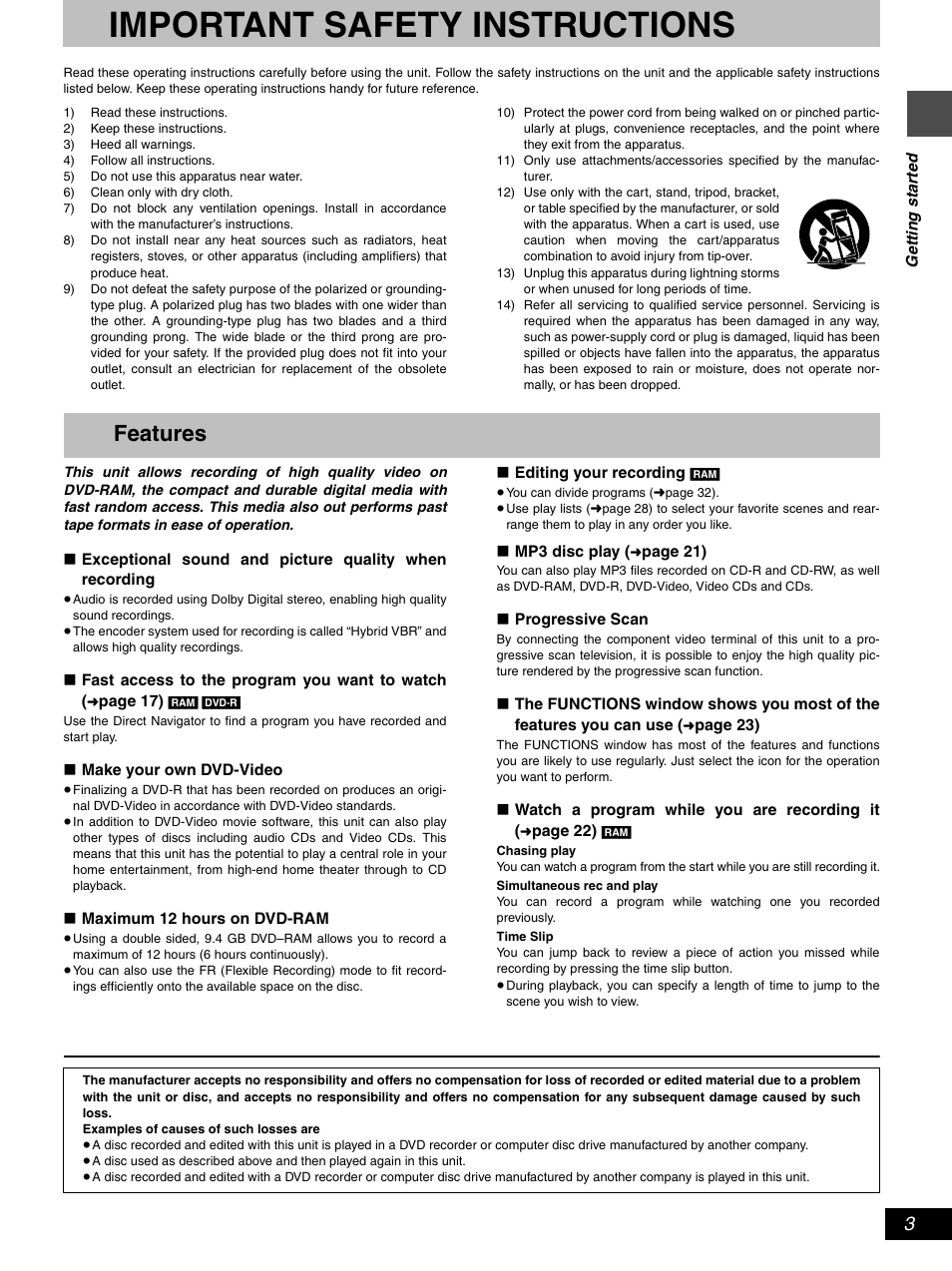 Important safety instructions, Features | Hitachi DV-RX5000U User Manual | Page 3 / 62