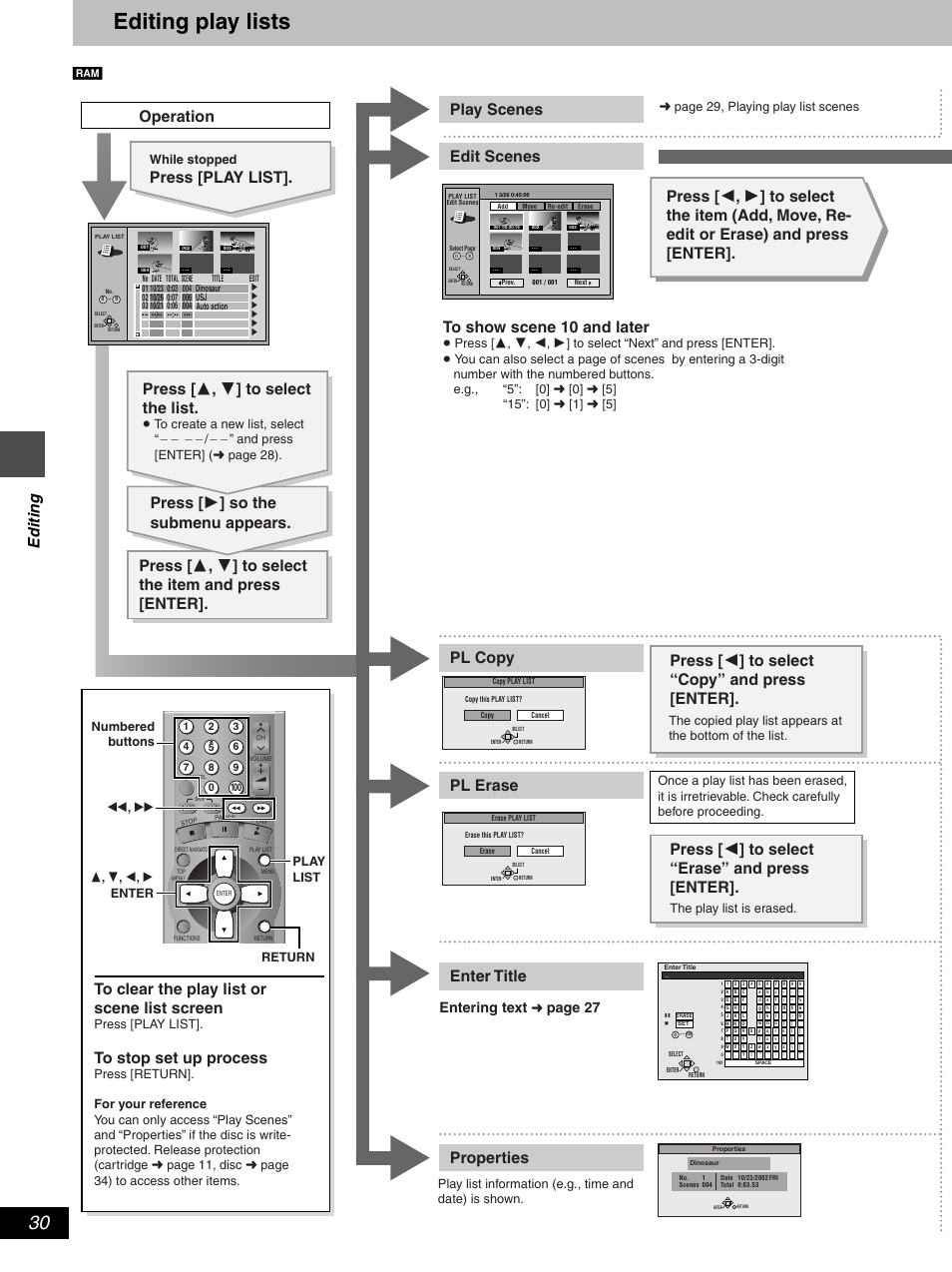 Editing play lists, Play scenes operation, Edit ing | Entering text, Page 27, While stopped, Press [play list | Hitachi DV-RX5000U User Manual | Page 30 / 62