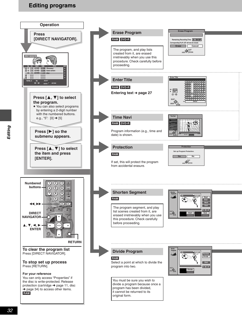 Editing programs, Erase program enter title time navi, Protection | Divide program, Edit ing, Entering text, Page 27, Press [direct navigator | Hitachi DV-RX5000U User Manual | Page 32 / 62