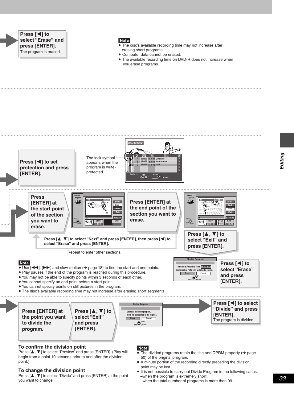 Press [ 2 ] to select “divide” and press [enter, Press [ 2 ] to select “erase” and press [enter, Edit ing | Hitachi DV-RX5000U User Manual | Page 33 / 62