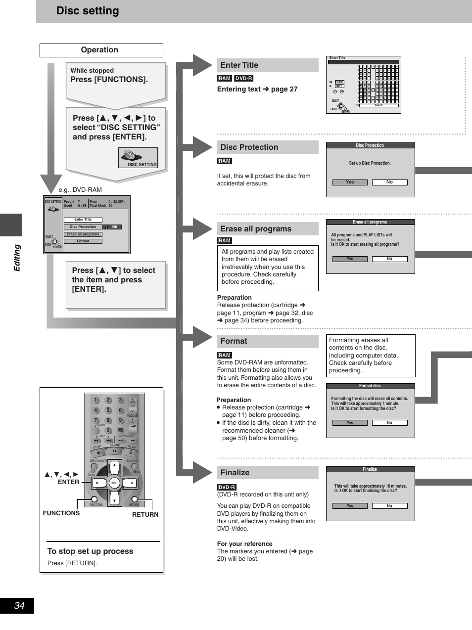 Disc setting, Enter title, Disc protection format finalize | Operation to stop set up process, Erase all programs, Press [functions, Edit ing, Entering text ➜ page 27, Ram] [dvd-r, Press [return | Hitachi DV-RX5000U User Manual | Page 34 / 62