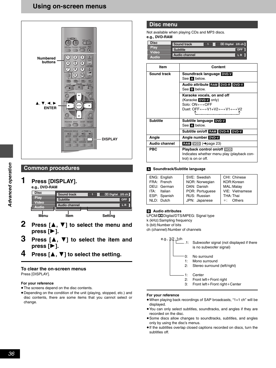 Using on-screen menus, Press [display, Press [ 3 , 4 ] to select the menu and press [ 1 | Press [ 3 , 4 ] to select the item and press [ 1, Press [ 3 , 4 ] to select the setting, Common procedures, Disc menu, Ad v a nc ed ope rat ion | Hitachi DV-RX5000U User Manual | Page 36 / 62