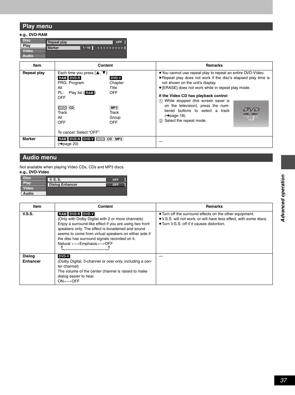 Play menu, Audio menu | Hitachi DV-RX5000U User Manual | Page 37 / 62