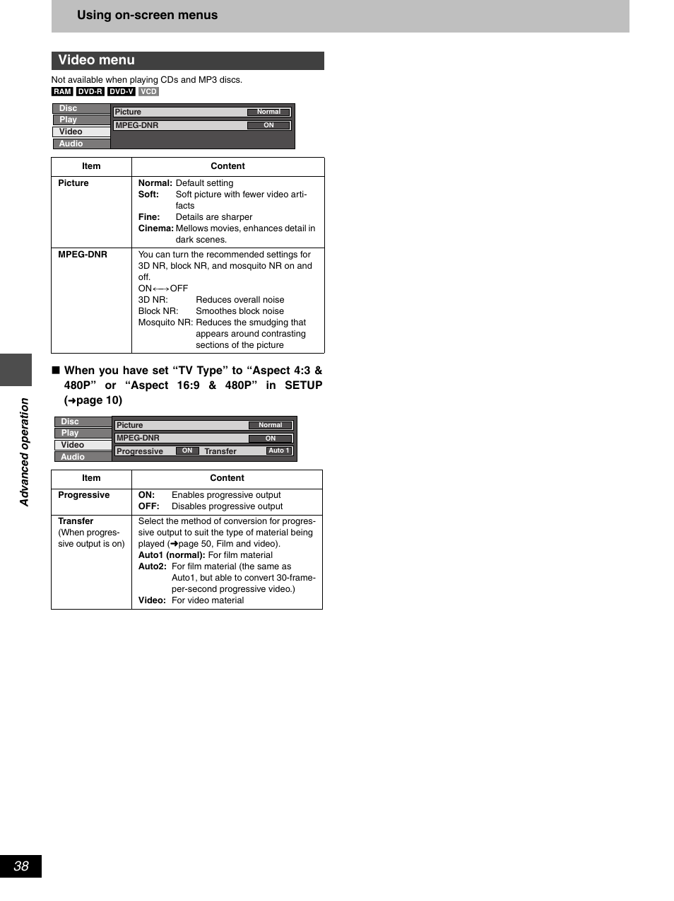 Video menu, Using on-screen menus | Hitachi DV-RX5000U User Manual | Page 38 / 62