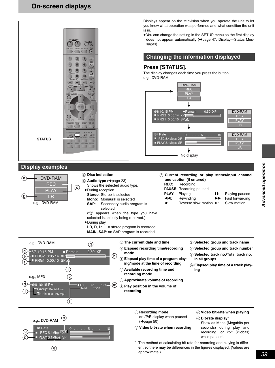 On-screen displays, Press [status, Changing the information displayed | Display examples, Dl m, Op n q, Ad v a nc ed ope rat ion, Rec lr dvd-ram, Play | Hitachi DV-RX5000U User Manual | Page 39 / 62