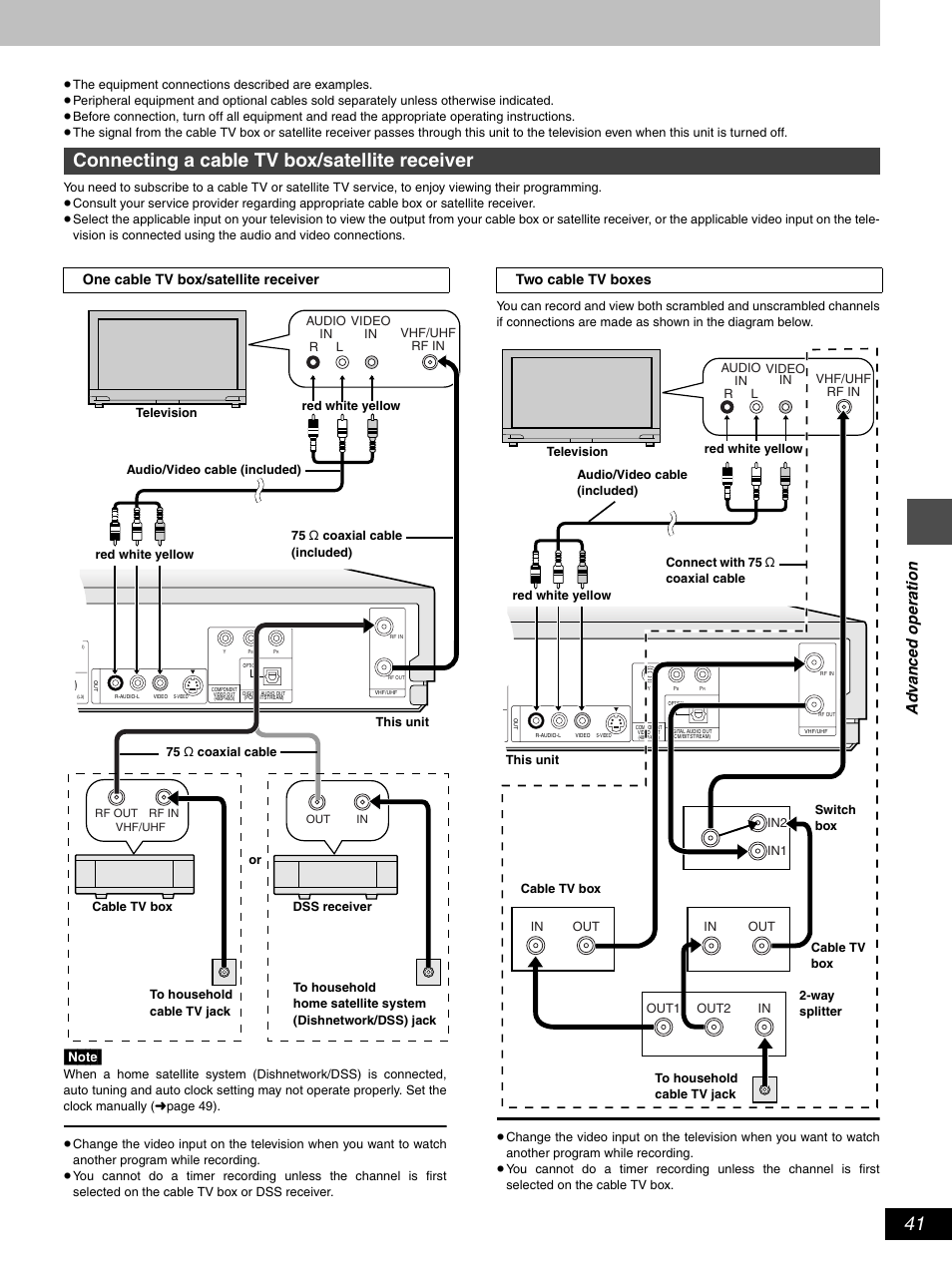 Connecting a cable tv box/satellite receiver, Ad v a nc ed ope rat ion, One cable tv box/satellite receiver | Two cable tv boxes | Hitachi DV-RX5000U User Manual | Page 41 / 62