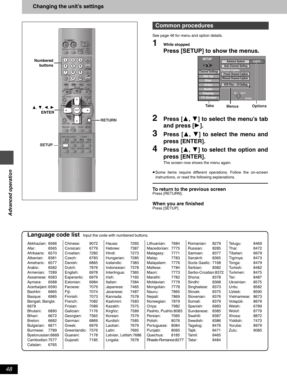 Press [setup] to show the menus, Common procedures, Language code list | Changing the unit’s settings | Hitachi DV-RX5000U User Manual | Page 48 / 62