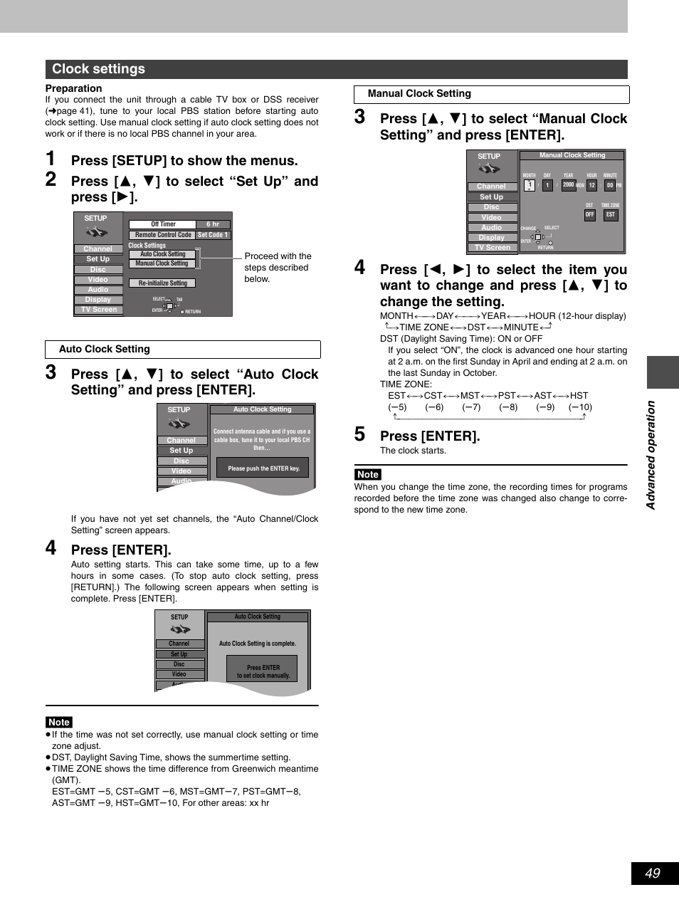 Press [setup] to show the menus, Press [ 3 , 4 ] to select “set up” and press [ 1, Press [enter | Clock settings | Hitachi DV-RX5000U User Manual | Page 49 / 62
