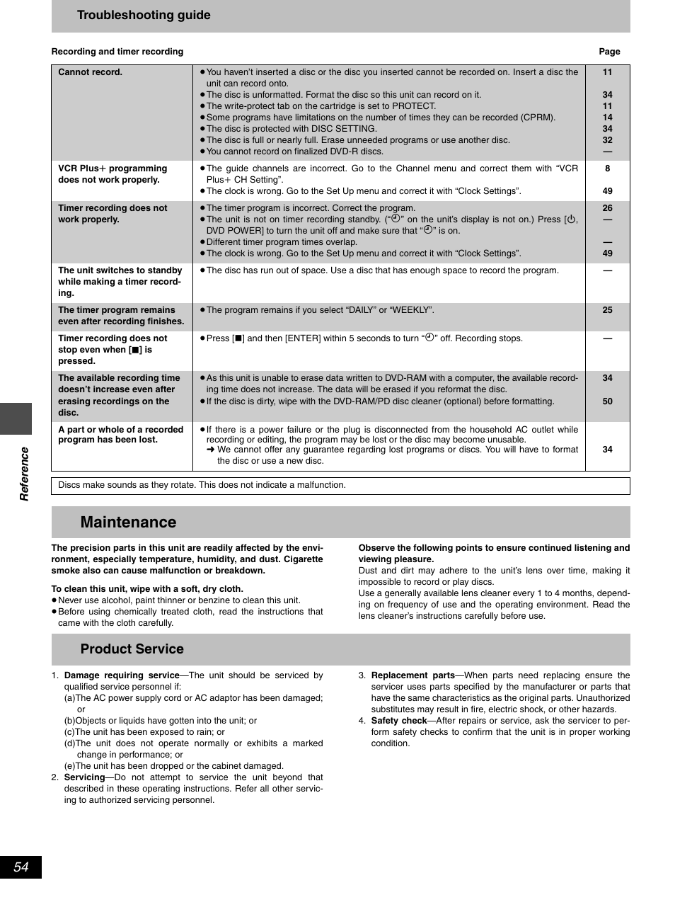 Maintenance, Product service, Troubleshooting guide | Hitachi DV-RX5000U User Manual | Page 54 / 62