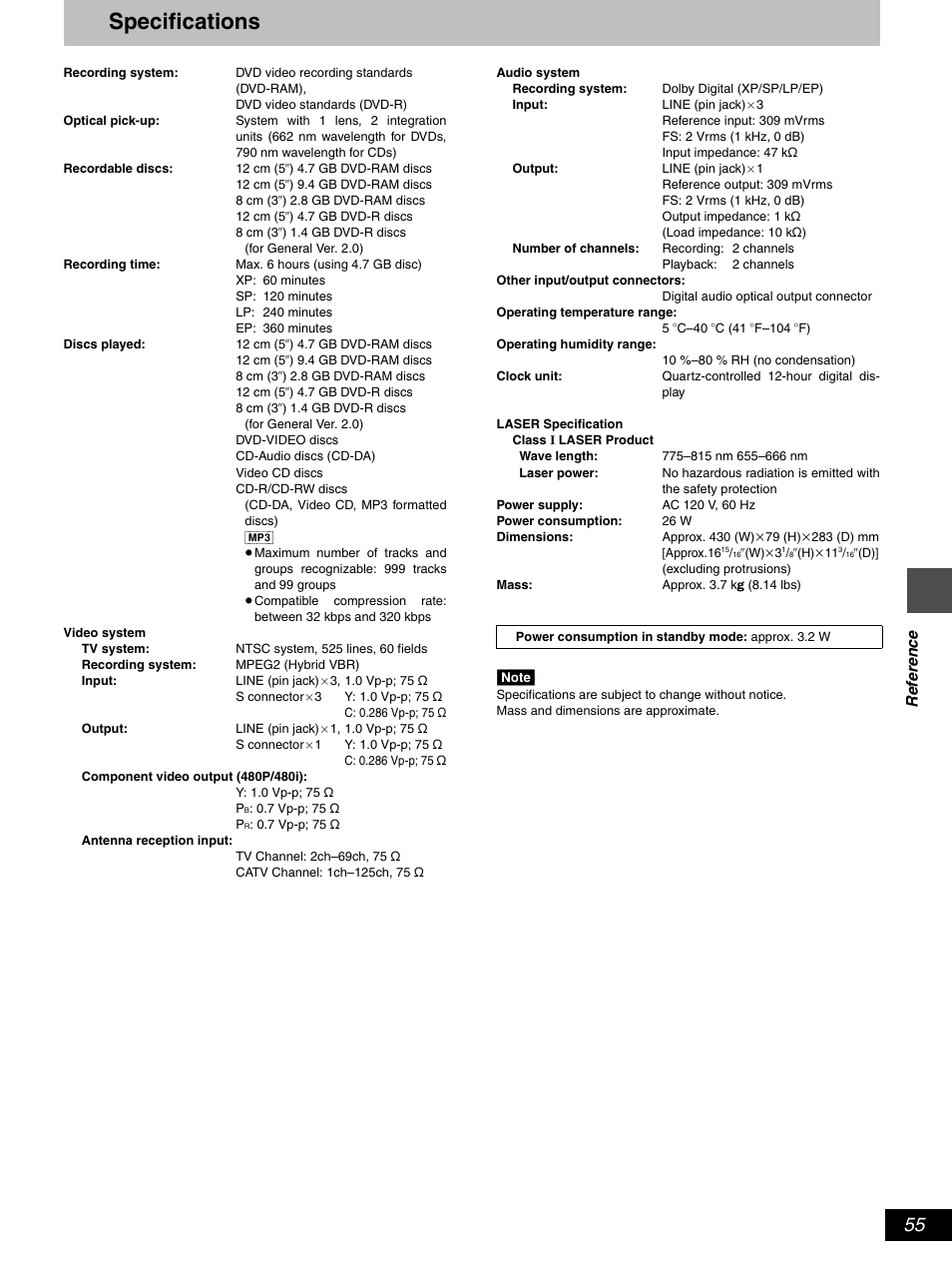 Specifications | Hitachi DV-RX5000U User Manual | Page 55 / 62