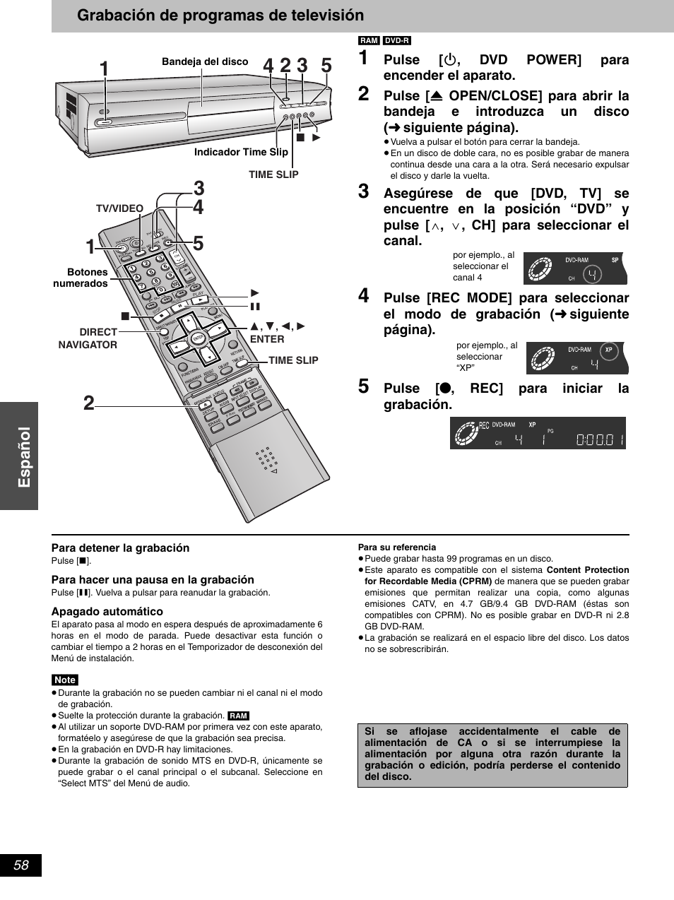 Es pa ñol grabación de programas de televisión | Hitachi DV-RX5000U User Manual | Page 58 / 62