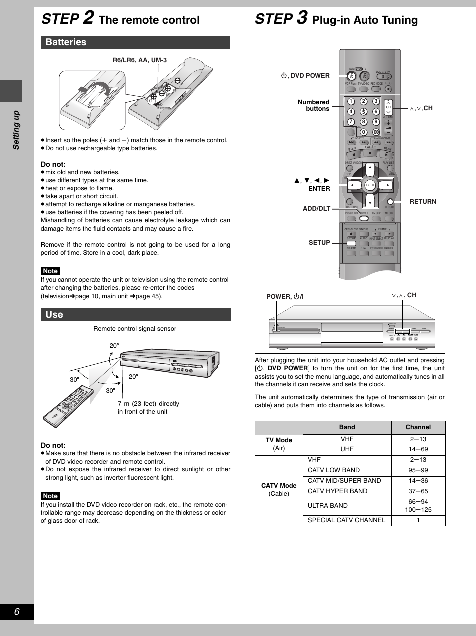Step, The remote control, Plug-in auto tuning | Batteries use, Set ting up, Do not | Hitachi DV-RX5000U User Manual | Page 6 / 62