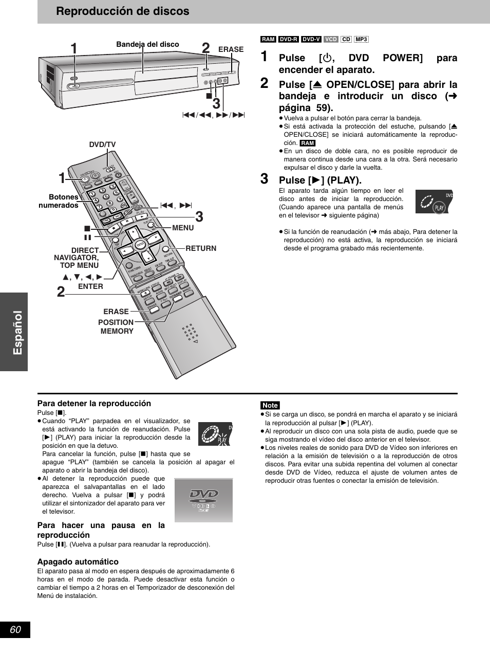 Es pa ñol reproducción de discos, Pulse [ í , dvd power] para encender el aparato, Pulse [ 1 ] (play) | Hitachi DV-RX5000U User Manual | Page 60 / 62