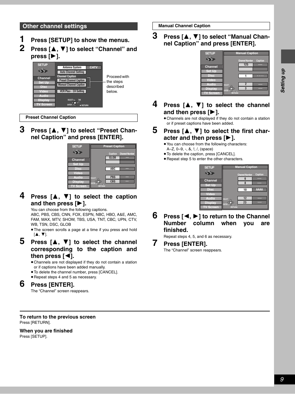 Press [setup] to show the menus, Press [ 3 , 4 ] to select “channel” and press [ 1, Press [enter | Other channel settings | Hitachi DV-RX5000U User Manual | Page 9 / 62