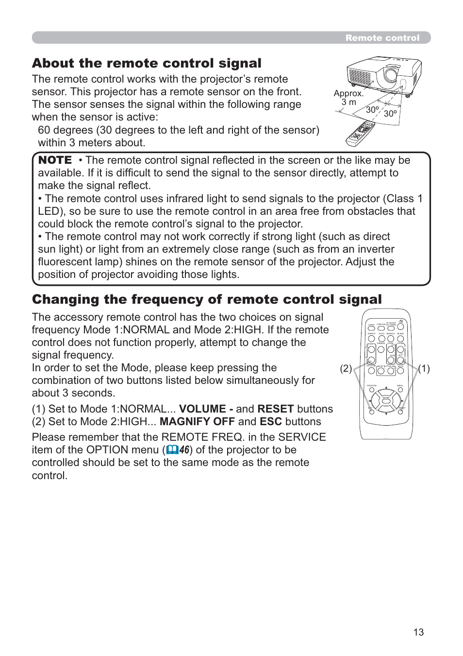 Changing the frequency of remote control signal, About the remote control signal, Remote control | Hitachi CP-RX80 User Manual | Page 13 / 64