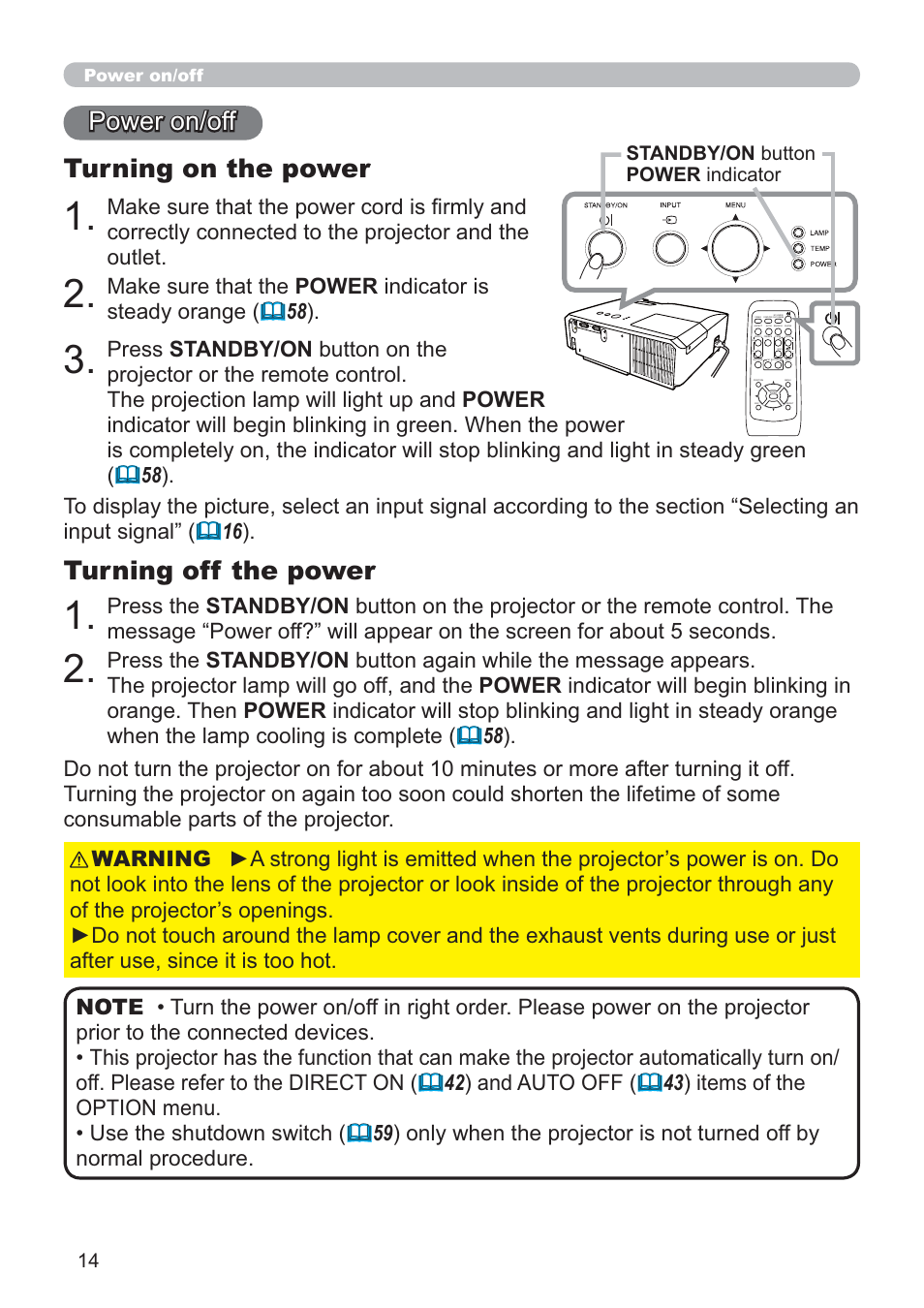 Turning on the power, Turning off the power, Standby/on button power indicator | Power on/off | Hitachi CP-RX80 User Manual | Page 14 / 64