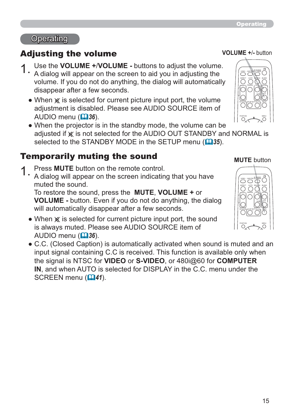 Adjusting the volume, Temporarily muting the sound, Volume + / - button mute button | Operating | Hitachi CP-RX80 User Manual | Page 15 / 64