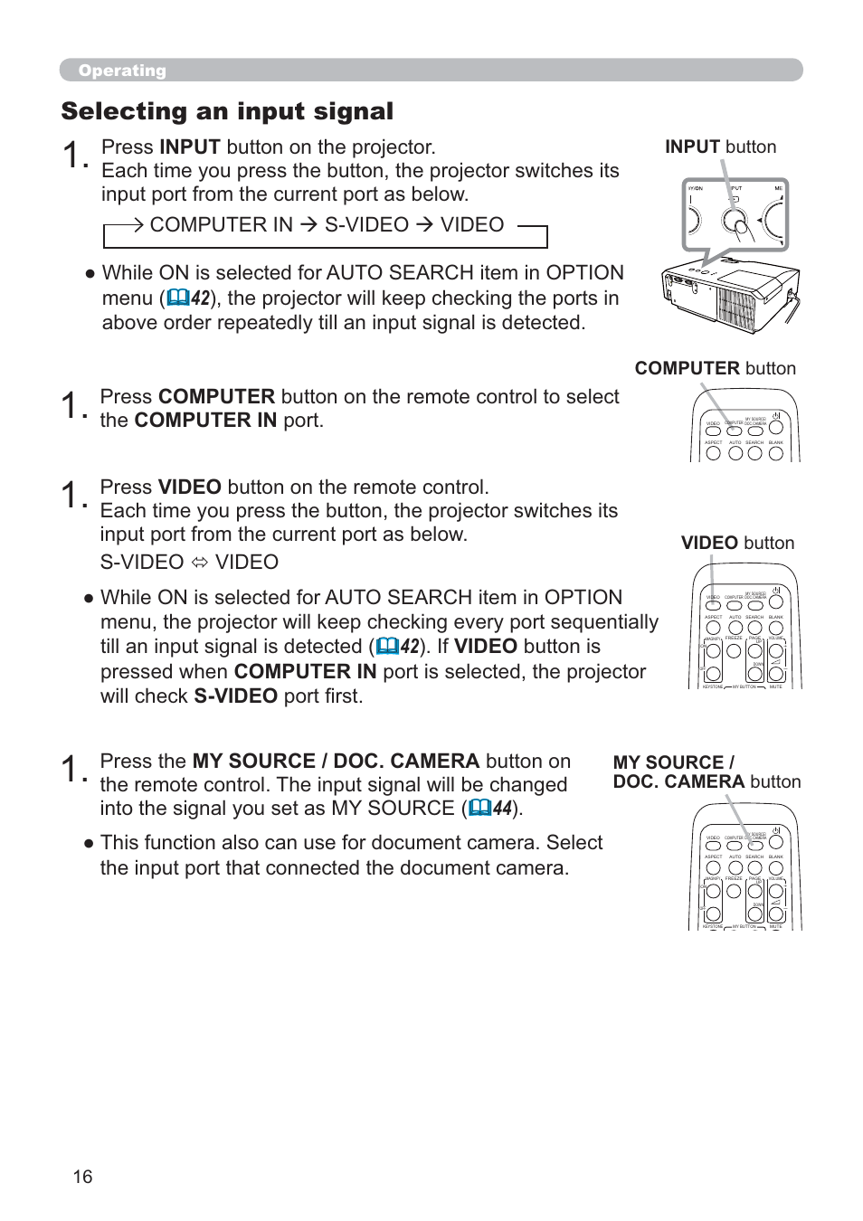 Selecting an input signal, S-video video, Computer button | My source / doc. camera button, Input button, Video button, Operating | Hitachi CP-RX80 User Manual | Page 16 / 64