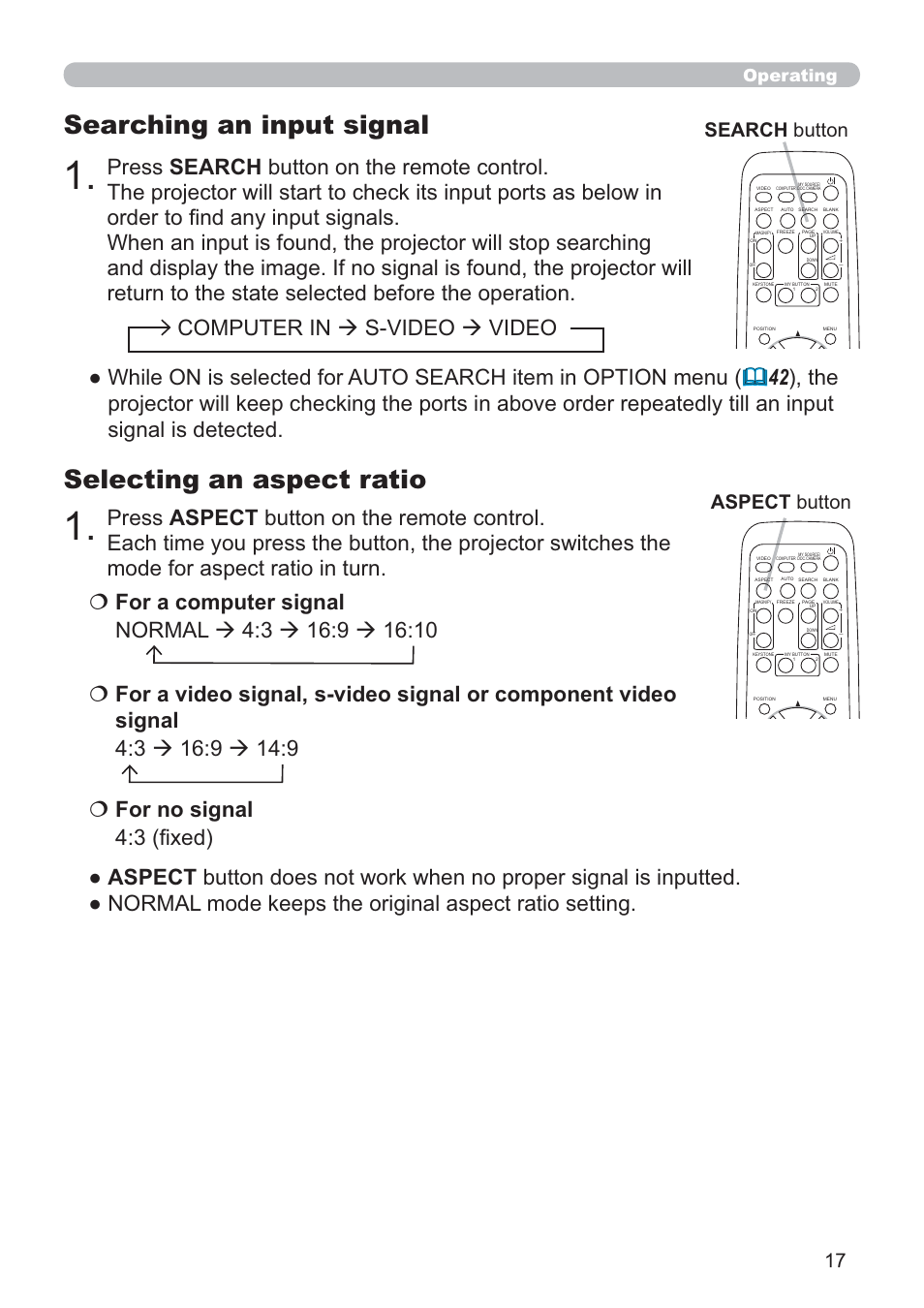 Selecting an aspect ratio, Searching an input signal, Computer in s-video video | Search button aspect button, Operating | Hitachi CP-RX80 User Manual | Page 17 / 64