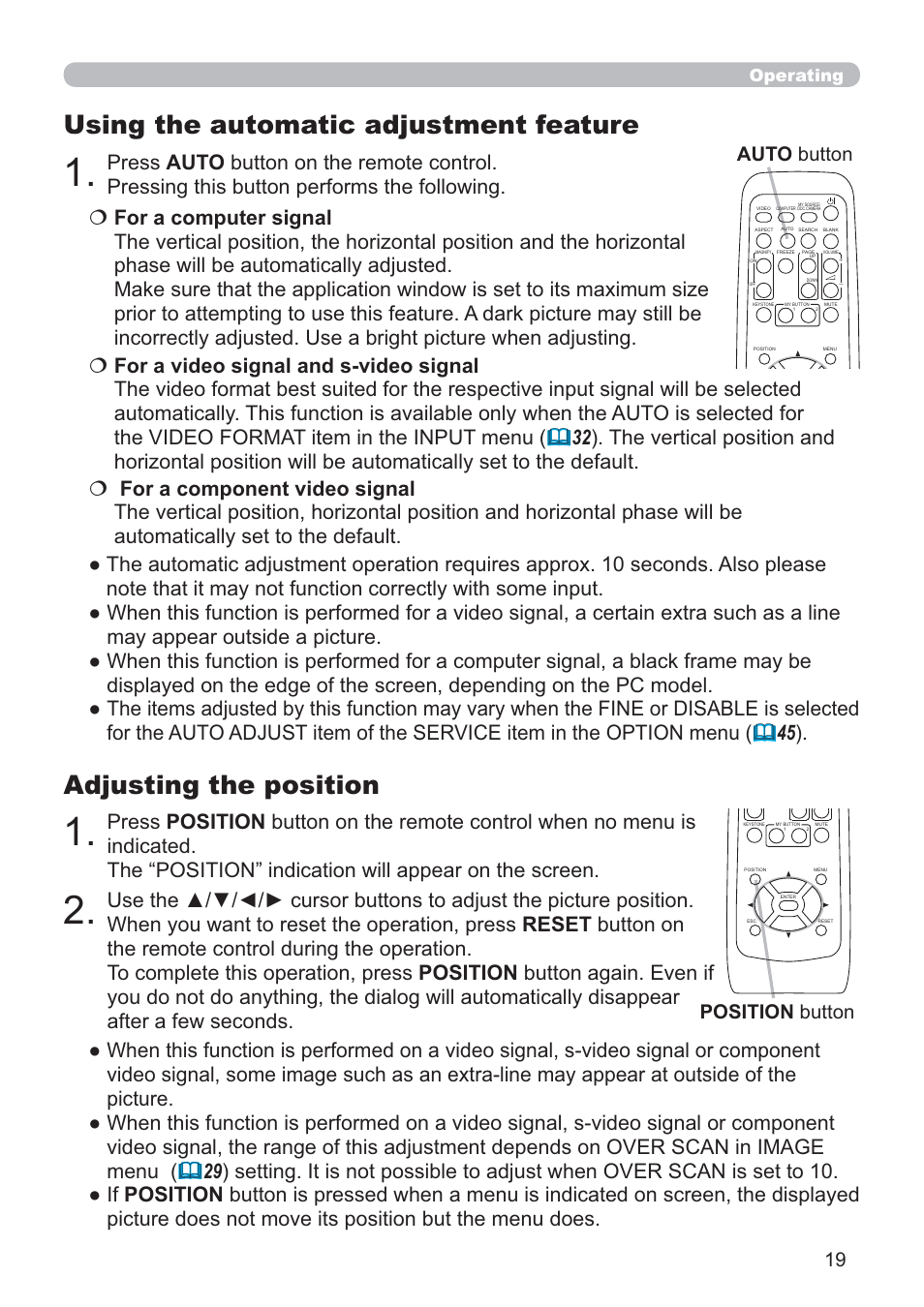 Adjusting the position, Using the automatic adjustment feature, Position button | Auto button, Operating | Hitachi CP-RX80 User Manual | Page 19 / 64