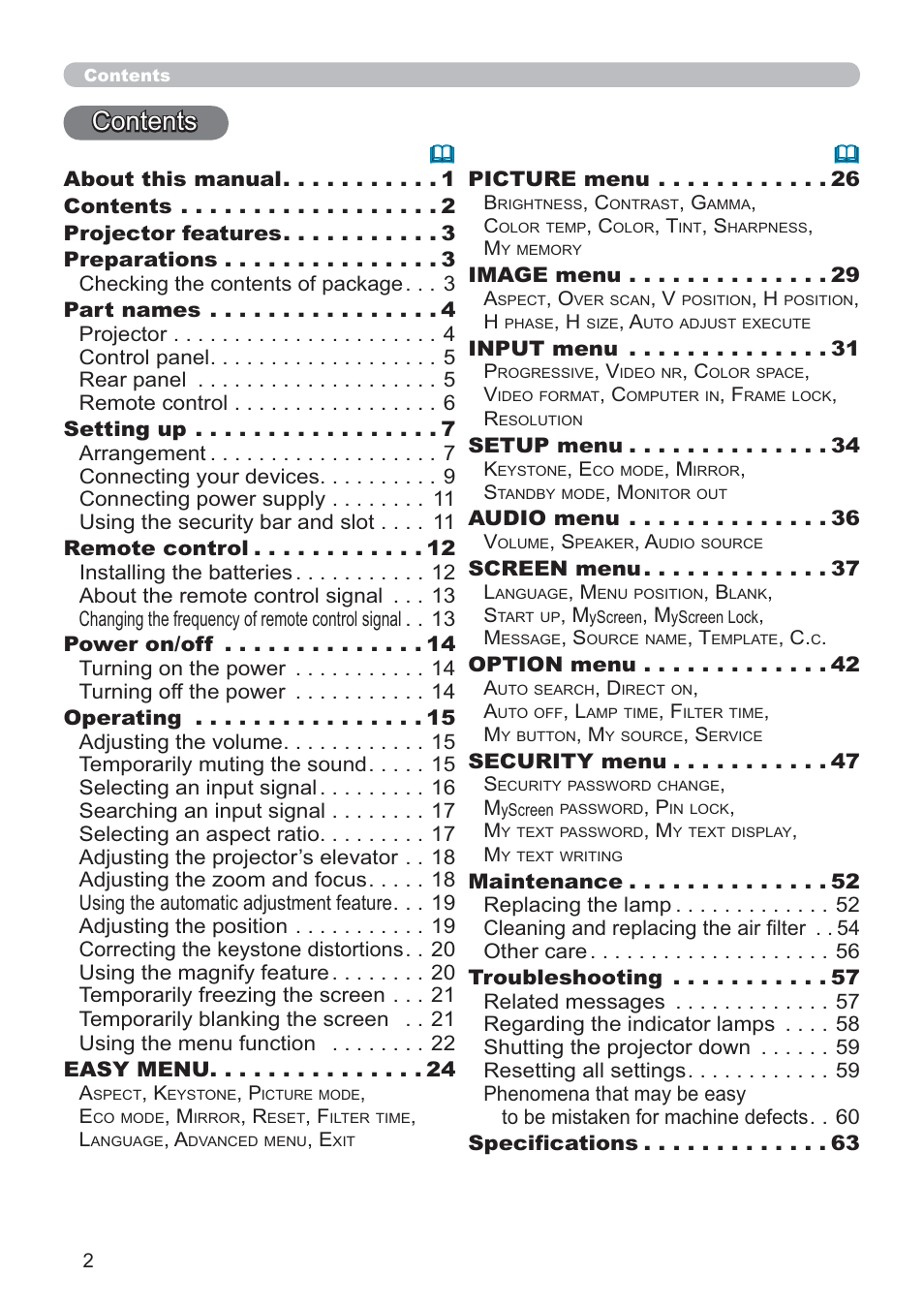 Hitachi CP-RX80 User Manual | Page 2 / 64