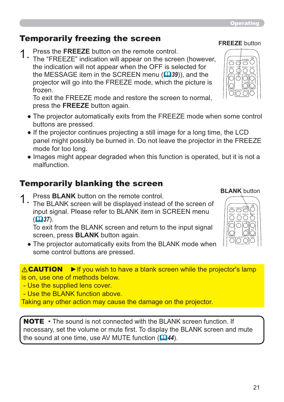 Temporarily blanking the screen, Temporarily freezing the screen, Freeze button | Blank button, Operating | Hitachi CP-RX80 User Manual | Page 21 / 64