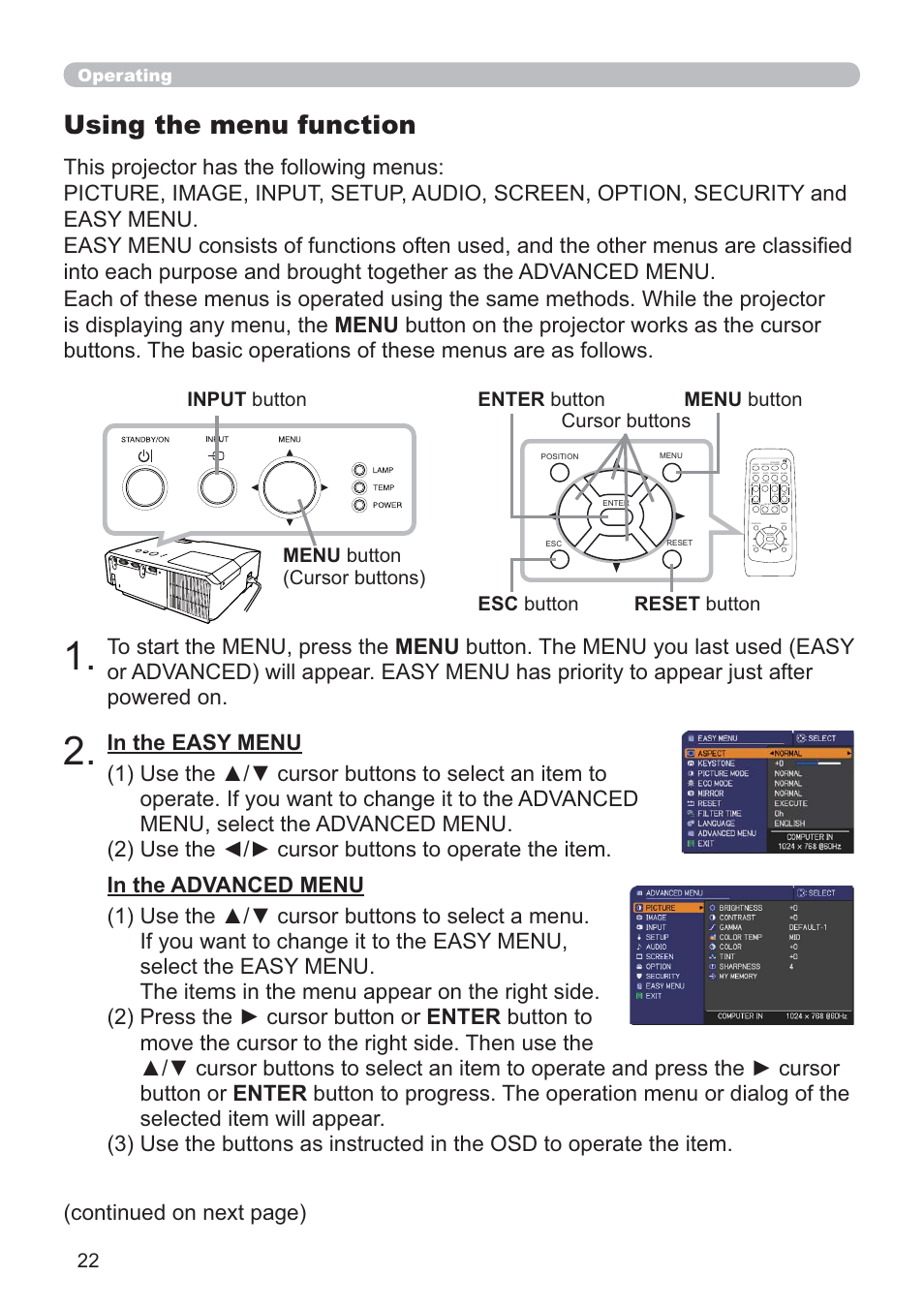 Using the menu function, Continued on next page), Menu button (cursor buttons) | Esc button, Input button, Operating | Hitachi CP-RX80 User Manual | Page 22 / 64