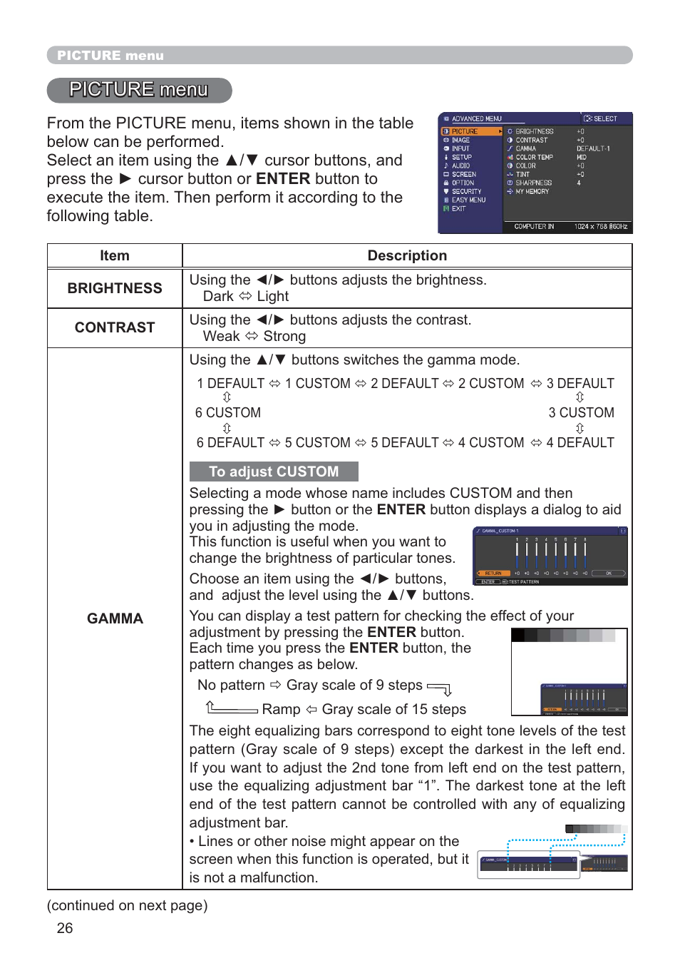 Picture menu | Hitachi CP-RX80 User Manual | Page 26 / 64