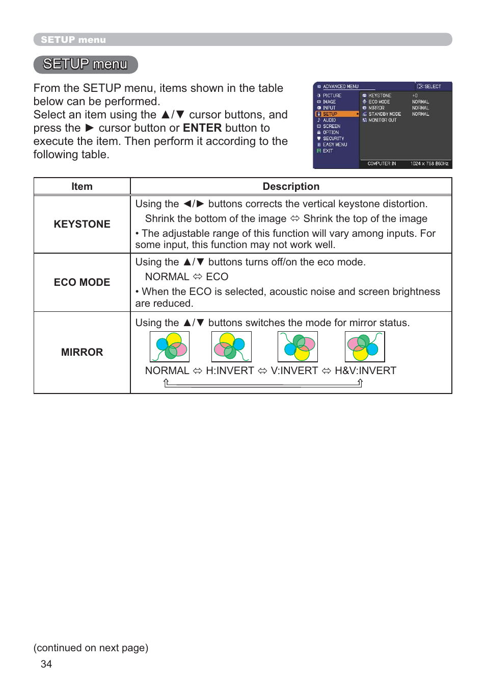 Setup menu | Hitachi CP-RX80 User Manual | Page 34 / 64