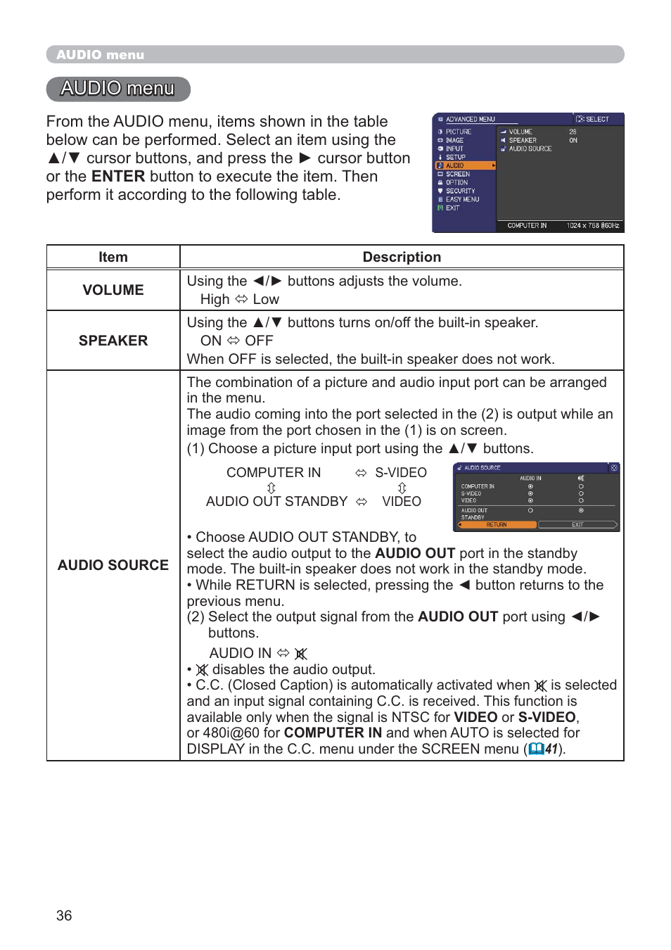 Audio menu | Hitachi CP-RX80 User Manual | Page 36 / 64