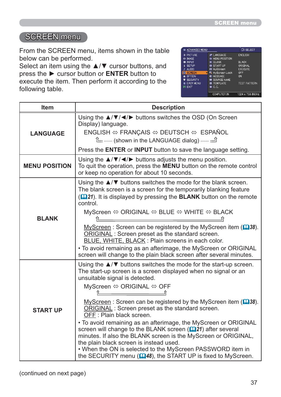 Screen menu | Hitachi CP-RX80 User Manual | Page 37 / 64