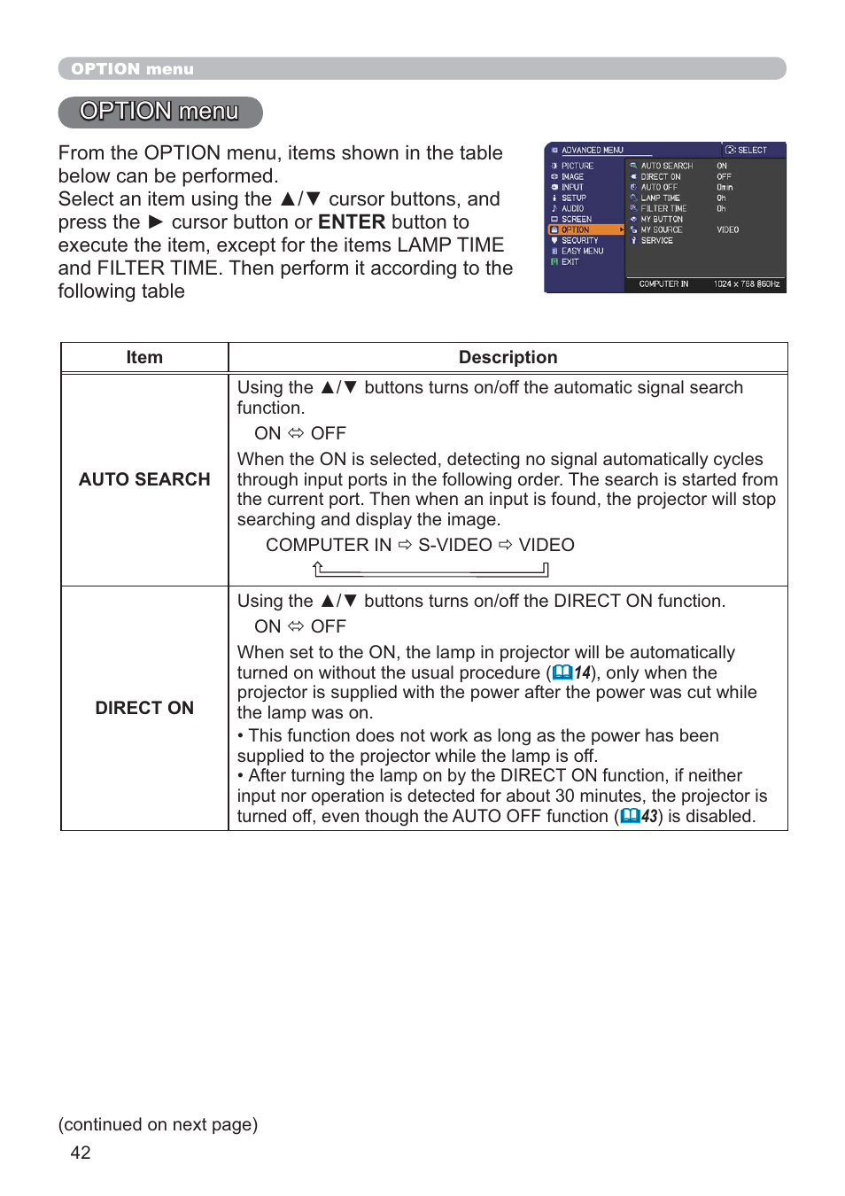 Option menu | Hitachi CP-RX80 User Manual | Page 42 / 64