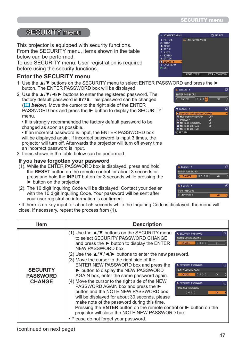 Security menu | Hitachi CP-RX80 User Manual | Page 47 / 64