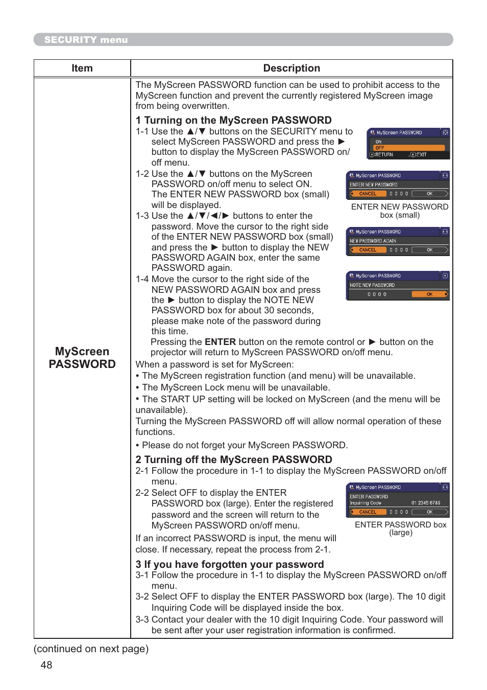 Myscreen password | Hitachi CP-RX80 User Manual | Page 48 / 64